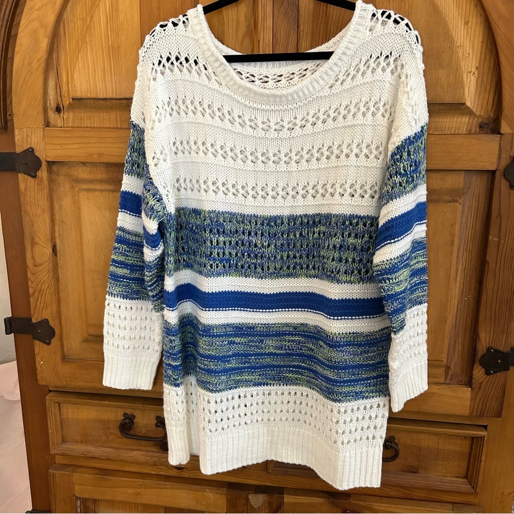 Unbranded - Open Knit White, Blue & Bright Green Sweater - Size Large